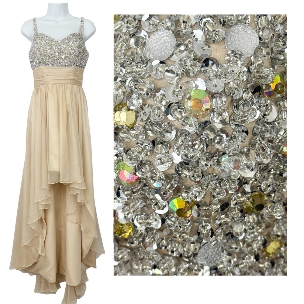 Sequin Beaded Chiffon Formal DRESS XS Silver Gown Fairy Prom Princess Empire